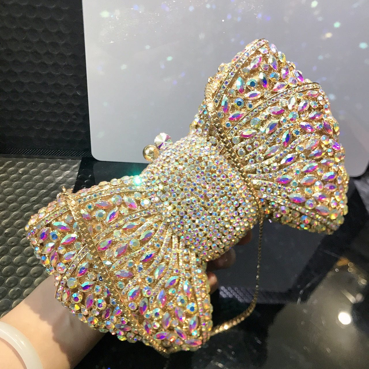 Mypinknyc Crystal Embellished Bow Rhinestone Clutch