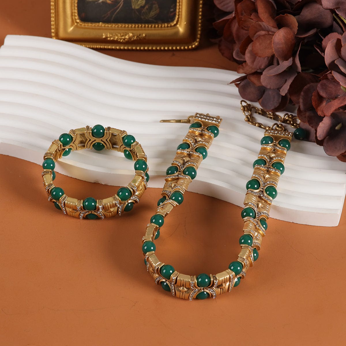 Mypinknyc Green Agate Studded Zircon Bracelet