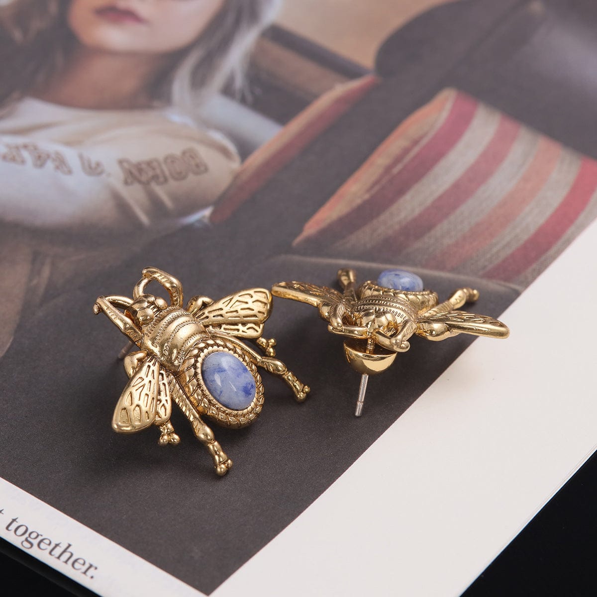 Mypinknyc Natural Stone Inlaid Bee Earrings