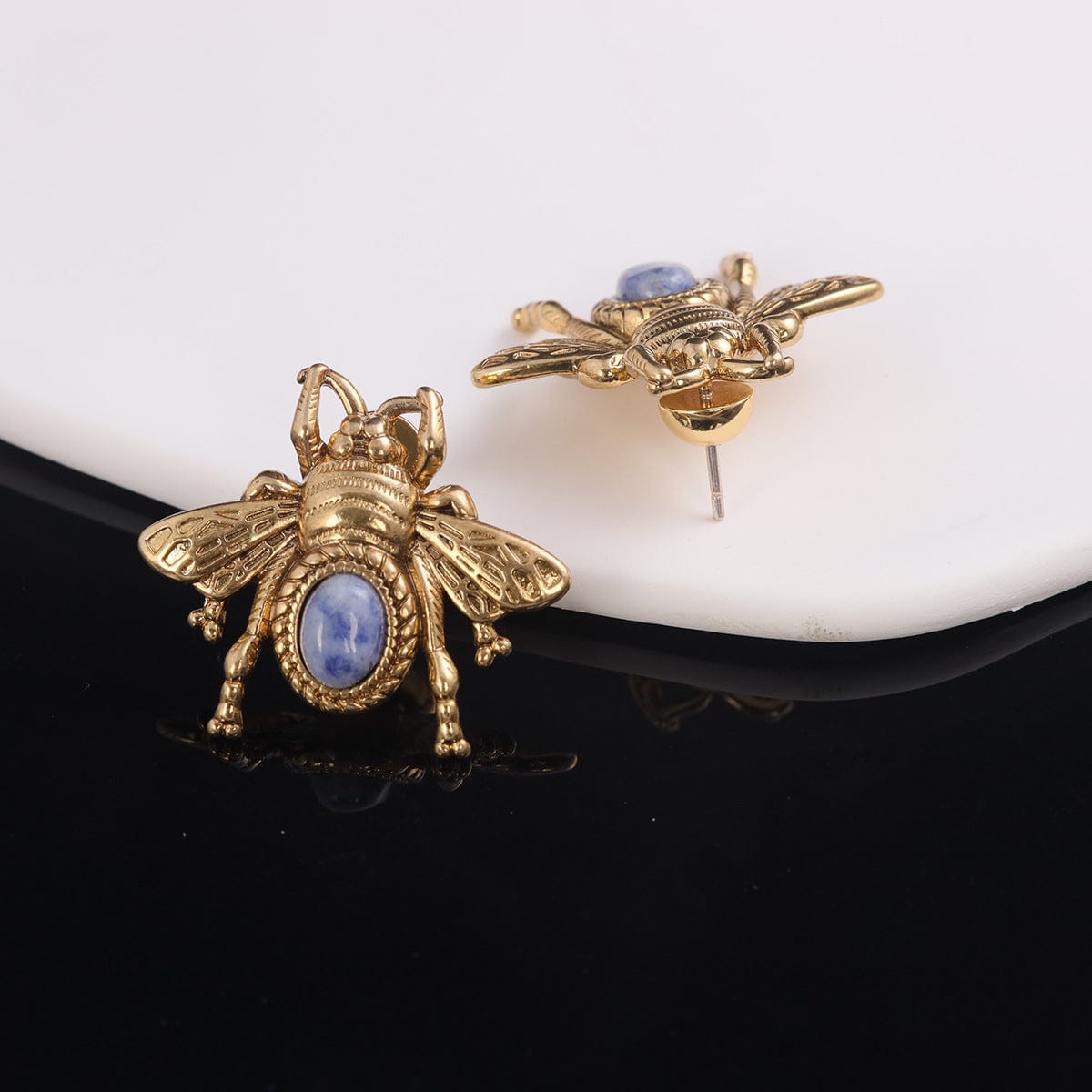 Mypinknyc Natural Stone Inlaid Bee Earrings