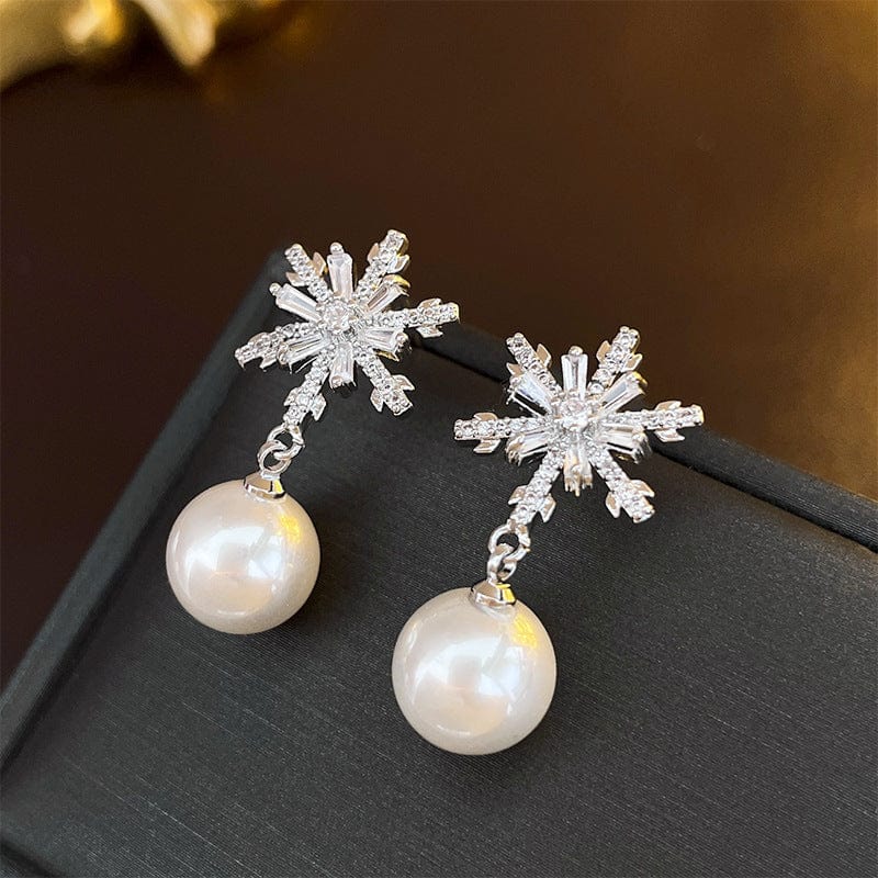 Mypinknyc Silver-tone Snowflake Pearl Earrings