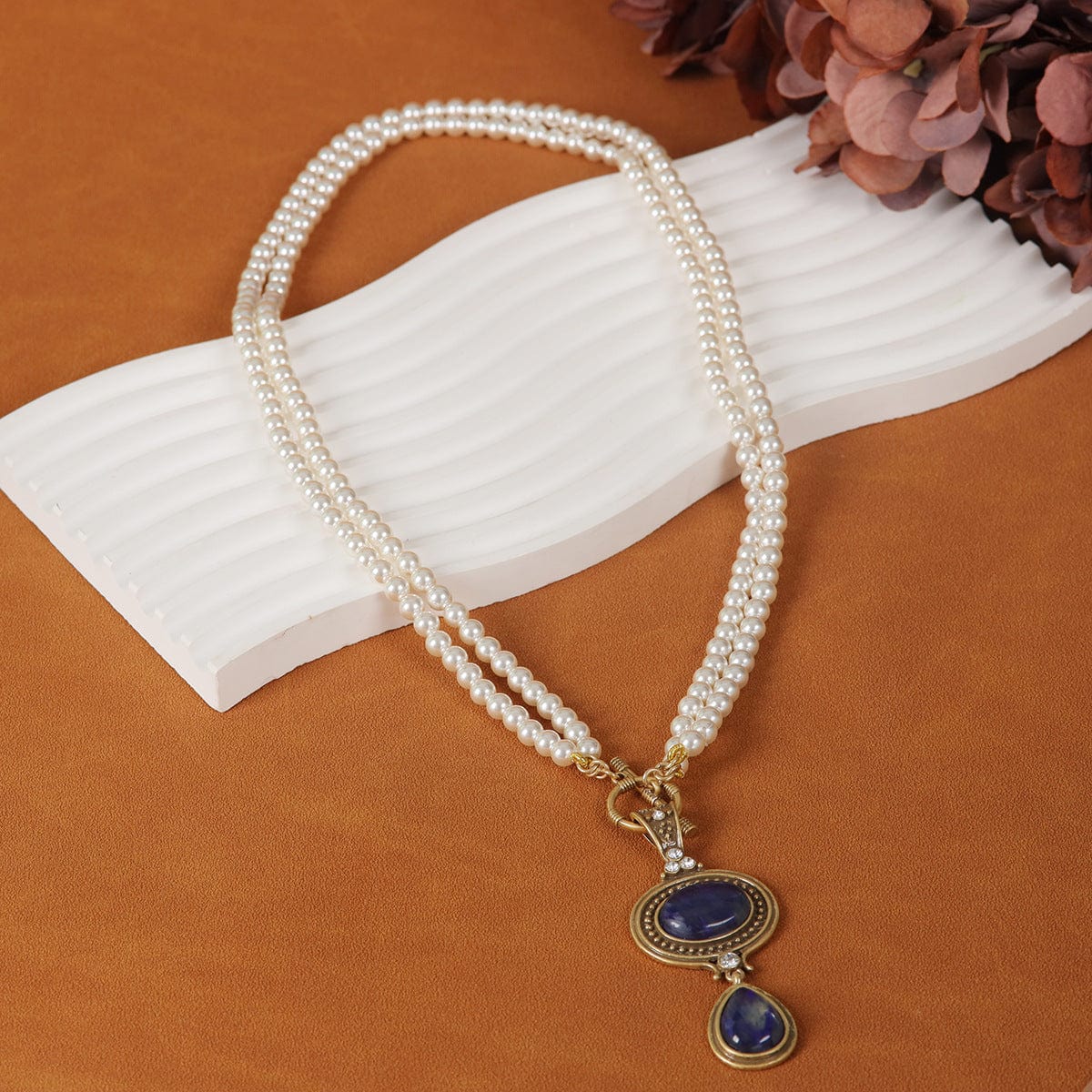 Mypinknyc Blue Natural Stone Pearl Necklace