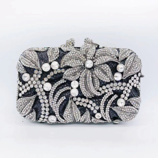 Mypinknyc Crystal Embellished Flower Rhinestone Clutch