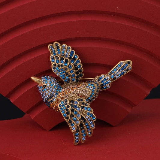 Mypinknyc Gold-Tone Blue Teal Multi Bird Pin