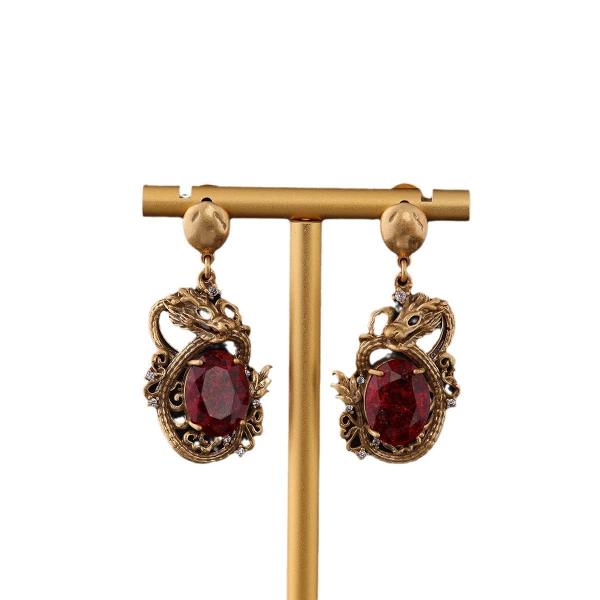 Mypinknyc Red Natural Gemstone Dragon Earrings