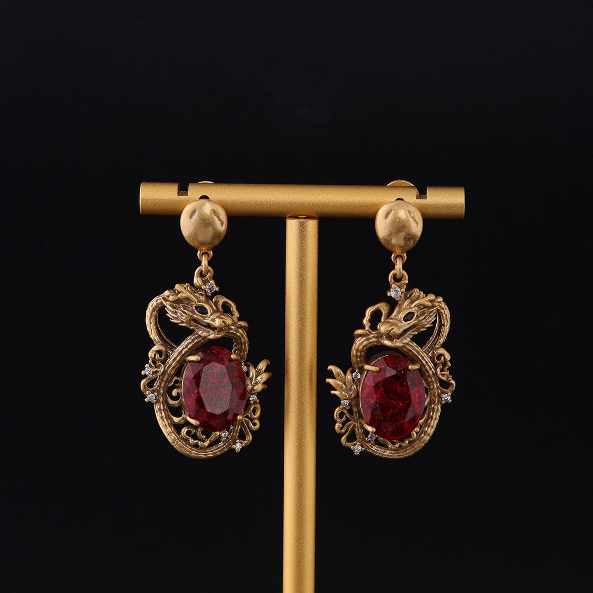 Mypinknyc Red Natural Gemstone Dragon Earrings